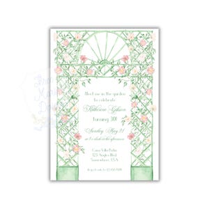 May include: A green and white floral garden trellis with pink flowers and vines. The text on the invitation reads: "Meet me in the garden to celebrate Katherine Gibson turning 30! Sunday May 21 at 2 o'clock in the afternoon Casa Villa Patio 123 Angles Blvd. Somewhere, USA RSVP to 123 456 7890"
