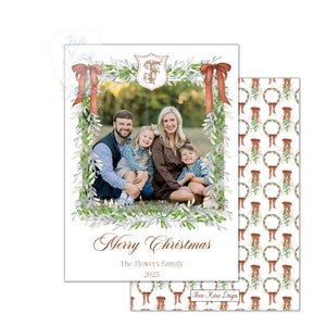 May include: A Christmas card featuring a family portrait framed by a watercolor wreath with red bows. The card includes the text "Merry Christmas," the family name, and the year 2023. A matching patterned design is visible on the back.