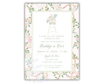 Chinoiserie Mädchen ersten Geburtstag einladen | Eine kleine Kerze, eine kleine Kuchen-Einladung, ein rosa Blumenhochstuhl-Blumen-Einladen, Grandmillenial