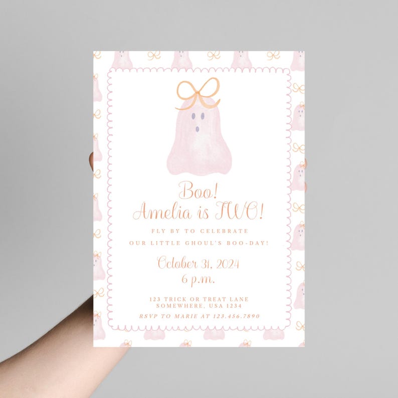 Pink Ghost Halloween Birthday Party Invite | Pink Halloween Birthday Invitation | Costume Invite| Halloween Baby Shower Invite | Boo Invite image 4