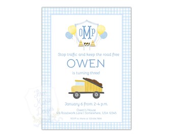 May include: A blue and white gingham background with a yellow dump truck and a blue and yellow construction sign with the letters OMP. The text reads "Stop traffic and keep the road free Owen is turning three! January 6 from 2-4 p.m. Owen's House 123 Roadwork Lane | Somewhere, USA 12345 RSVP to Mane at 123.456.7890"
