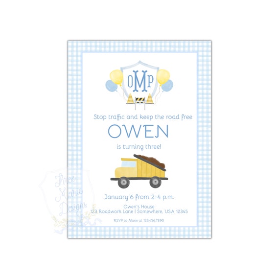 Construction Invite | Self-Editable | Blue Construction Invitation | Watercolor Construction Party Invite | Dump Truck Excavator Invite