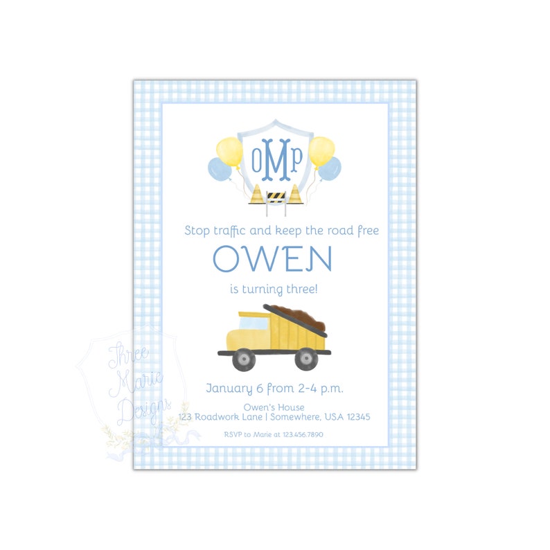 Construction Invite | Self-Editable | Blue Construction Invitation | Watercolor Construction Party Invite | Dump Truck Excavator Invite image 1