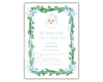 Oh What Fun Watercolor Christmas Invitation | Blue Santa Christmas party invite | Most Wonderful Time of the Year Christmas Birthday Invite