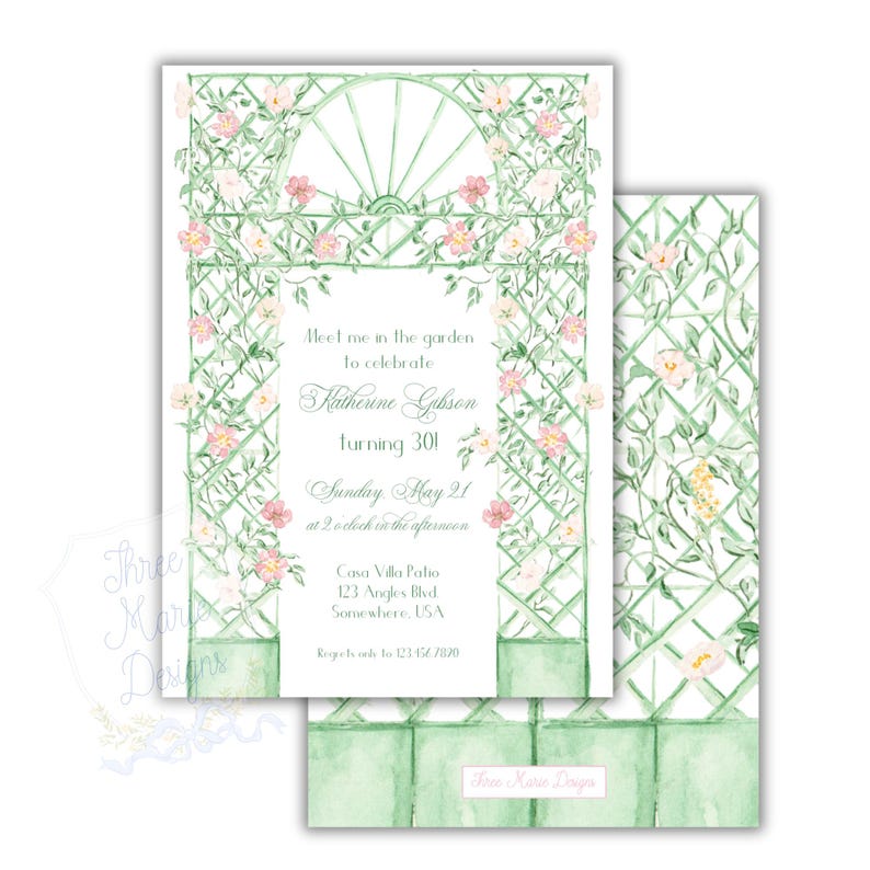 May include: A green and white garden trellis with pink flowers and vines. The invitation reads "Meet me in the garden to celebrate Katherine Gibson turning 30! Sunday, May 21 at 2 o'clock in the afternoon. Casa Villa Patio 123 Angles Blvd. Somewhere, USA. Regrets and to 1214567890"
