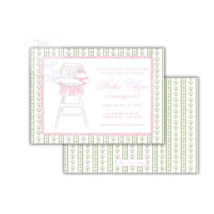 May include: A set of two birthday invitations. The design features a pink and green floral pattern. The main invitation has a pink scalloped border and a drawing of a high chair with a cake and the word "ONE". The text reads "Parker Anne is turning one!"