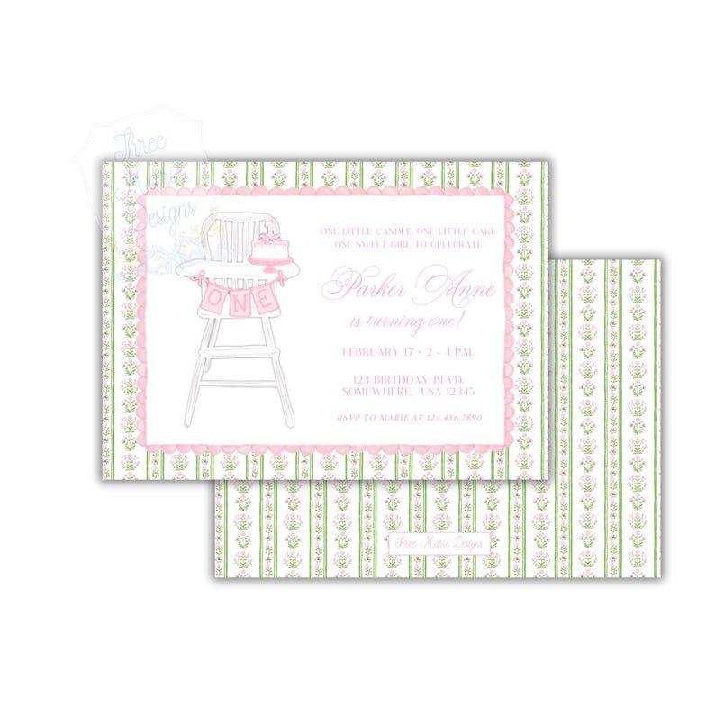 May include: A set of two birthday invitations. The design features a pink and green floral pattern. The main invitation has a pink scalloped border and a drawing of a high chair with a cake and the word "ONE". The text reads "Parker Anne is turning one!"