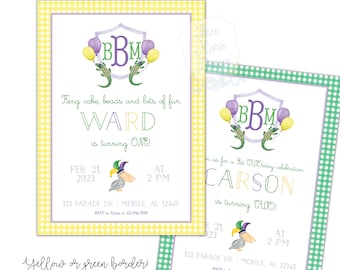 May include: Two Mardi Gras themed birthday invitations with a yellow and white gingham pattern and a green and white gingham pattern. The invitations feature a pelican with a jester's hat, a shield with the initials BBM, and the text "King cake, beads and lots of fun Ward is turning one!" and "Join us for a Fat Tuesday celebration Carson is turning two!"