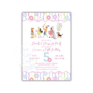 May include: A party invitation with a watercolor design. The invitation reads "Donuts & Dress Up Party" to celebrate a fifth birthday. The invitation includes the date, time, and location. The invitation features illustrations of children in costumes and donuts.