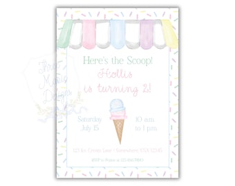 May include: A pastel pink, blue, and green ice cream cone birthday party invitation with sprinkles. The text reads "Here's the Scoop! Hollis is turning 2!" with the date, time, and location of the party.