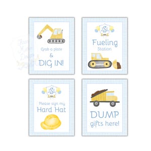 Letreros de cumpleaños de construcción en acuarela / Editables / Letreros de cumpleaños de construcción en azul Letreros de mesa de comida de construcción