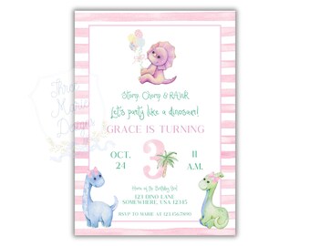 May include: Pink and white striped invitation with a watercolor illustration of a purple dinosaur holding balloons. The text reads "Stormp, Chomp & RAWR Let's party like a dinosaur! Grace is turning 3 Oct. 24 11 A.M. Home of the Birthday Girl 123 Dino Lane Somewhere, USA 12345 RSVP to Marie at 123.456.7890"