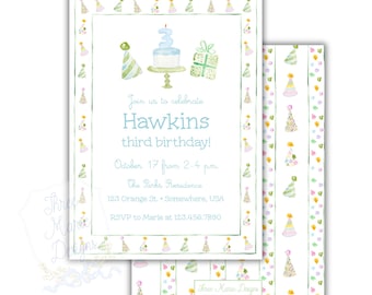 May include: A birthday party invitation with a green, white, and blue color scheme. The invitation features a watercolor illustration of a birthday cake with a number three on top, a gift box, and party hats. The text on the invitation reads "Join us to celebrate Hawkins third birthday! October 17 from 2-4 pm The Parks Residence 123 Orange St. Somewhere, USA RSVP to Marie at 123.456.7890"