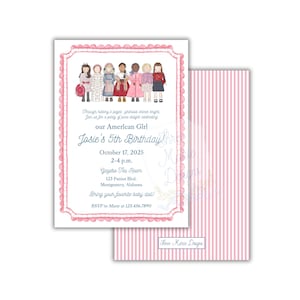 May include: A pink and white invitation for Josie's 5th birthday, featuring a scalloped border and a row of illustrated dolls. The text reads "our American Girl" and includes party details: October 17, 2025, 2-4 p.m., Gazebo Tea Room, and RSVP information.