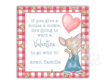 Etiqueta roja de San Valentín con forma de galleta de ratón / Etiqueta digital editable de San Valentín 3x3 para descargar / Etiqueta de San Valentín con forma de libro / Tarjeta de San Valentín para biblioteca, San Valentín con galletas