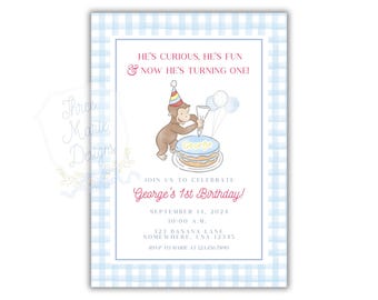 neugieriger Affe einladen | Bearbeitbarer Affe Einladen | Buch Thema Geburtstag einladen | Neugieriger Affe Geburtstagsparty | Süßer Affe zum Geburtstag einladen