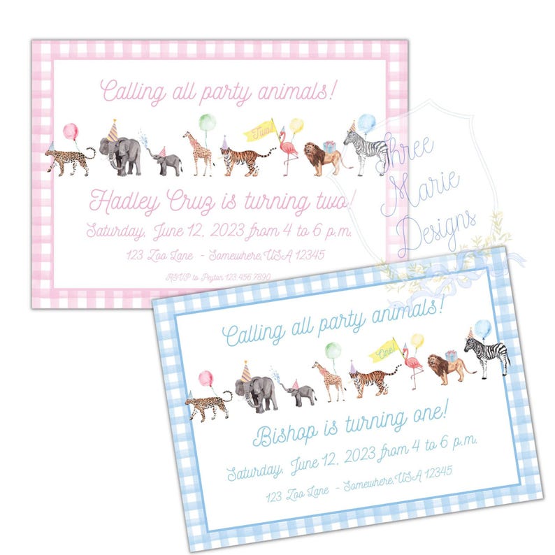 Party Animals Invitation | TWO Wild Invite | Wild ONE Invite | Pink Party Animals Invite | Blue Party Animals | Zoo Theme Invite image 1