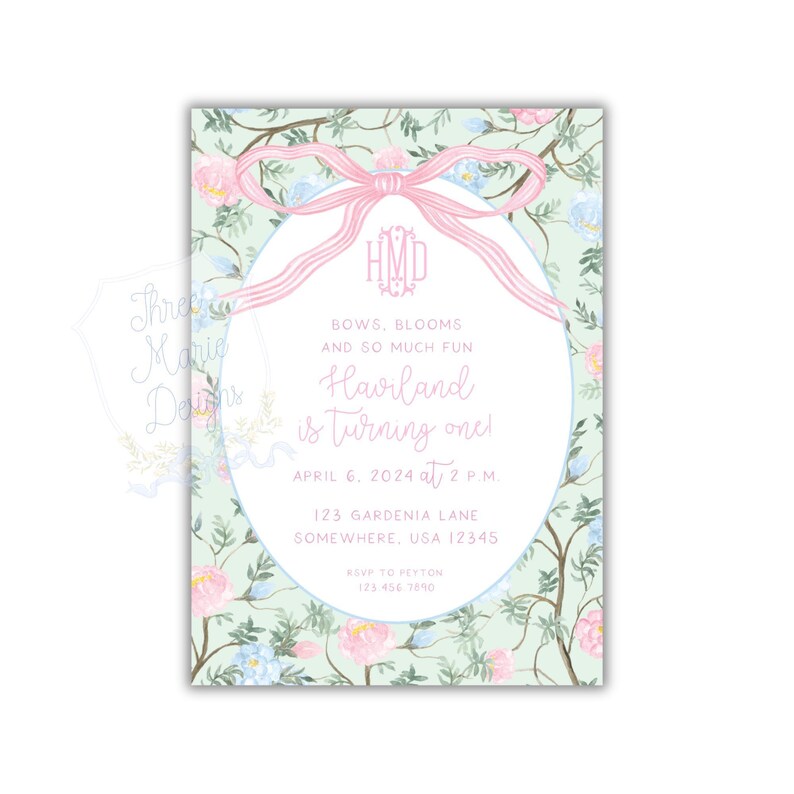 Bloemenuitnodiging chinoiserie | Bogen en bloemen | Uitnodiging met bloemenpatroon | Bloemenuitnodiging Grandmillennial | Gebloemde babyshoweruitnodiging | Bloemen afbeelding 4