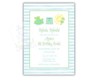 Blaue Pool-Party einladen | Sommer-Geburtstags-Einladung | Bearbeitbare Pool-Party einladen | Badeanzug Jungen Pool-Party einladen Alligator Pool Float