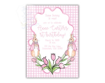 May include: Pink and white gingham patterned invitation with a white border. The invitation features two bunnies wearing pink cloaks and a bouquet of pink tulips. The text reads "Some bunny is one! Join us to celebrate Anne Carter's 1st birthday! March 16, 2024 10 a.m. 123 Hip Hop Lane Somewhere, USA 12345"