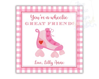 Pink Roller Skate Valentine Tag | Wheelie Valentine | I Like the Way You Roll | 3x3 Inches Editable DIY Valentine Digital Download Printable