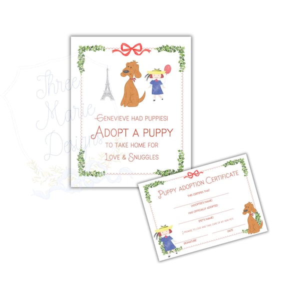 French Girl in Paris Puppy Adoption Sign | Madeline Party Decor Signage | Editable Oui Oui I'm Three Theme | Parisian Theme Party
