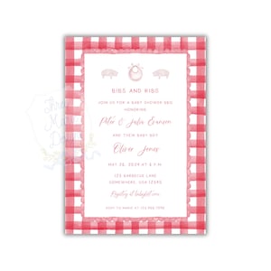 Invito per baby shower Bibs and Ribs / Invito per baby shower BBQ a quadretti rossi / Invito per baby shower di coppia / Modificabile / Invito per baby shower picnic rosso