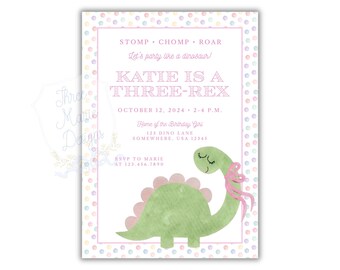 May include: A pink and green dinosaur illustration with a pink bow on a white background with pastel colored polka dots. The text reads "Katie is a Three-Rex" and "October 12, 2024 2-4 P.M.".