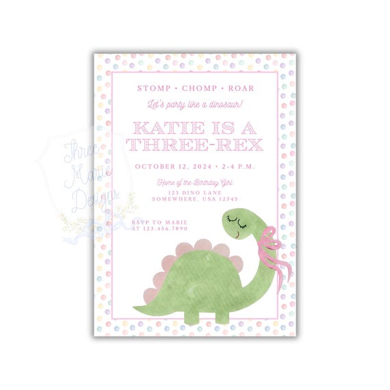 Girly Dinosaurs Invite | Editable Dino Birthday Invite | Pink Dinosaur Birthday Invitation | Pastel Dinosaur Invite | Preppy Dinosaur Invite