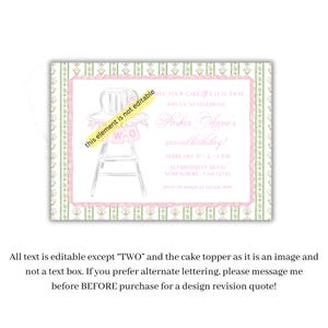 May include: A pink and green birthday invitation with a high chair illustration. The invitation includes the text "Parker Anne's second birthday!" and event details. The text "TWO" is part of the design.