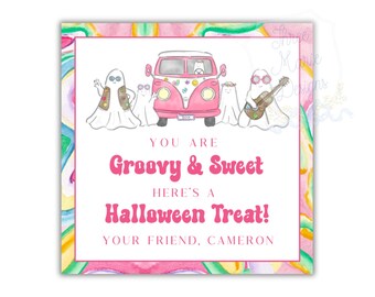 May include: A square Halloween card with a pink border and a colourful background. The card features a pink VW bus, ghosts, and text that reads "You Are Groovy & Sweet Here's a Halloween Treat!"