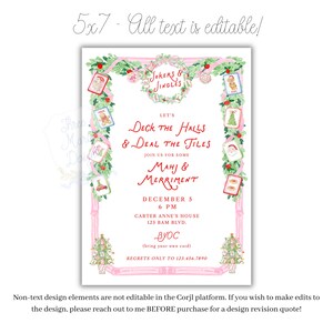May include: A 5x7 invitation card featuring a pink border with green garlands, Christmas ornaments, and mahjong tiles. The text reads Jokers & Jingles, Let's Deck the Halls & Deal the Tiles, Mahj & Merriment, December 5, 6 PM, Carter Anne's House, 123 Bam Blvd, BYOC, and Regrets Only to 123.456.7890.