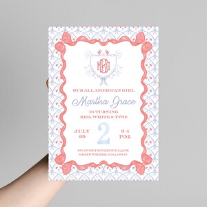 Girly Patriotic Birthday Invitation | All American Girl | Red White & Two Invite | Grandmillenial Invite | Self-Edit | Red White and Blue image 5