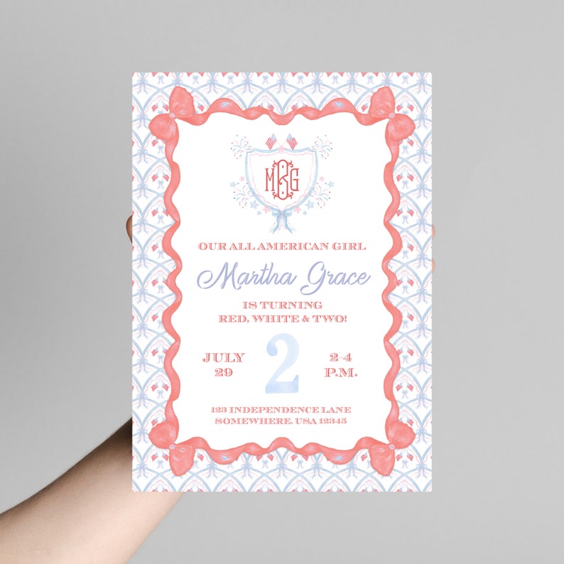 Girly Patriotic Birthday Invitation | All American Girl | Red White & Two Invite | Grandmillenial Invite | Self-Edit | Red White and Blue image 5