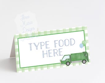 May include: Green and white gingham food label with a green garbage truck and blue balloons. The text "TYPE FOOD HERE" is printed in blue.