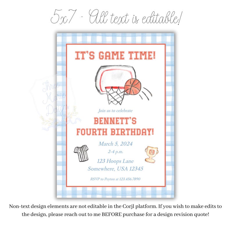 Op de afbeelding: Een verjaardagsuitnodiging met basketbalthema met een blauwe ruitjesachtergrond en rode rand. De uitnodiging luidt "IT'S GAME TIME!" en viert Bennett's vierde verjaardag. Bevat een basketbalring-afbeelding en evenementdetails.