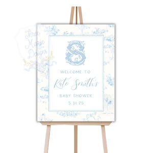 Blue Toile Baby Shower Welcome Sign | Baby Boy Shower Welcome Signage, Editable Grandmillenial Baby Shower Sign | Baby Blue Nursery Toile