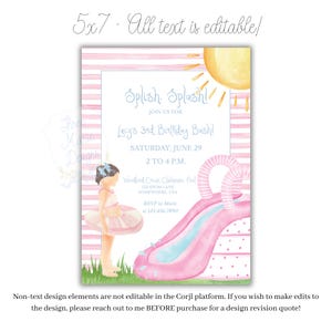 May include: A pink and white invitation for a birthday party with the text "Splish, Splash!" and "Lucy's 3rd Birthday Bash!" A watercolor illustration shows a girl with a swim ring and a water slide.