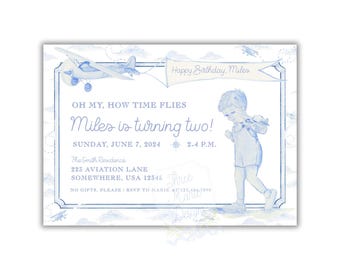 Invitación de cumpleaños con tema de avión, invitación con el tiempo vuela, autoedición, invitación con tema de avión dulce, Oh My Time Flies, invitación con tema de avión azul con acuarela