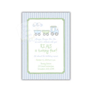 Watercolor Train Invite | Editable Train Birthday invitation | Blue and Gren Train Invitation | Watercolor Train Party Invite | Sweet Train image 1