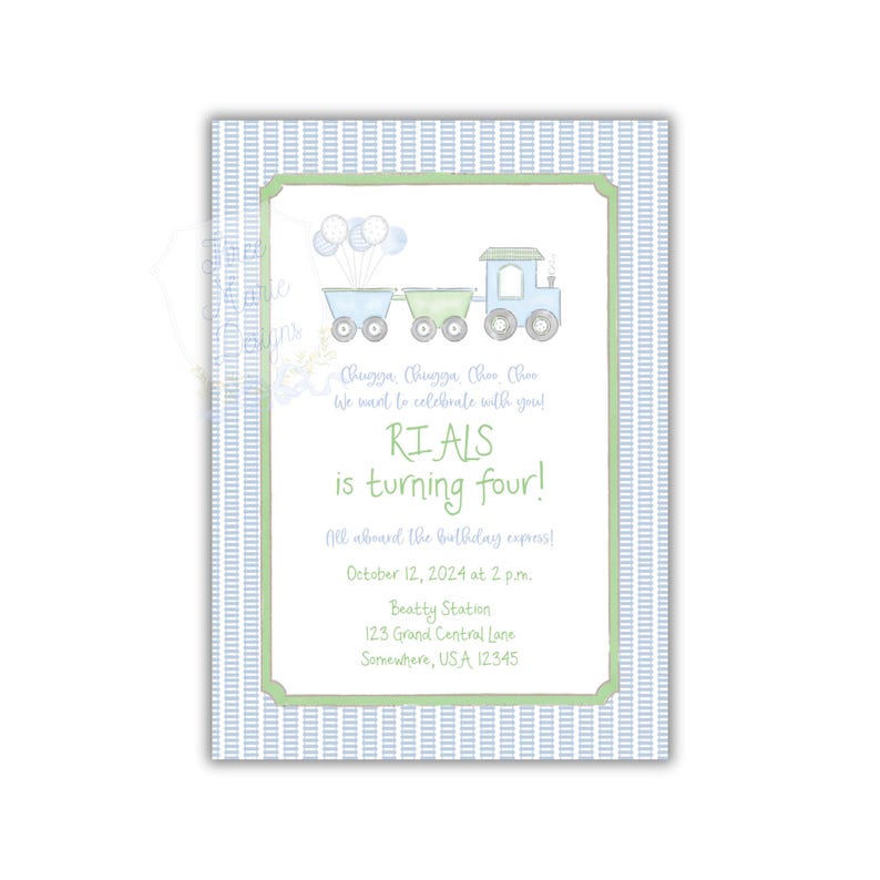 Watercolor Train Invite | Editable Train Birthday invitation | Blue and Gren Train Invitation | Watercolor Train Party Invite | Sweet Train image 1