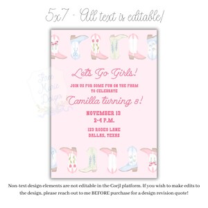 May include: A pink invitation card with the text "Let's Go Girls!" and "Camilla turning 8!" features watercolor illustrations of cowboy boots. The card is 5x7 inches and includes event details: date, time, and location in Dallas, Texas.
