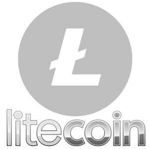 May include: A gray circle with a white stylized letter L inside. The text "litecoin" is below the circle in a silver metallic font.