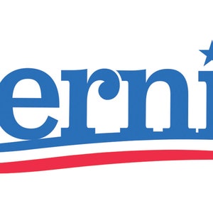 May include: A blue and red logo with the word "Bernie" in a bold blue font and a white star above the "e". The word "Bernie" is above a blue and red wave.
