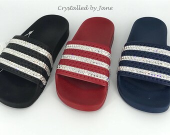 Crystal Embellished Adidas Adilette Slides - Black Red or Navy - UK sizes 3-12 - New Custom Genuine - Bling Sparkle Bedazzled