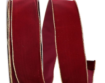 Velvet Ribbon, Burgundy/Gold, 2 1/2 Inch, Wire Edge, 25-YDS, Indoor/Outdoor