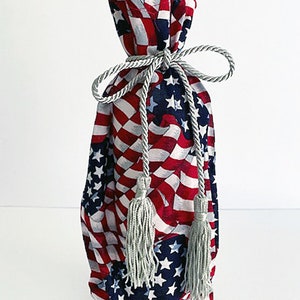 Patriotic Flag Wine Bag, Red/White/Blue, Set of 3, Silver Tassel, Hand Made in USA