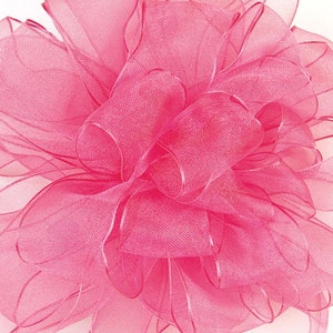 May include: A pink sheer ribbon with a ruffled texture. The ribbon is made of a soft, delicate material and has a subtle shimmer.