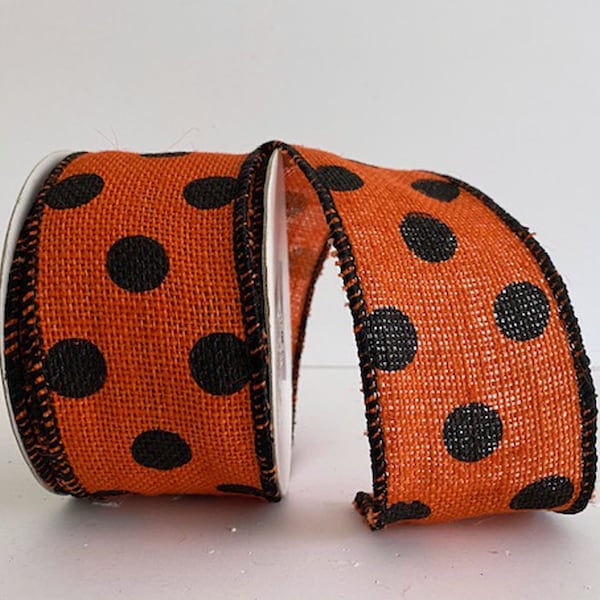 Dot Burlap Ribbon, Orange/Black, 2 1/2 Inch, 10-YDS, Wire Edge