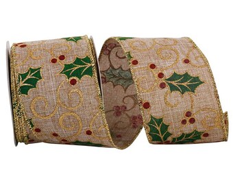 Holly Filigree Ribbon, Natural, 4 Inch, 10-YDS, Wire Edge